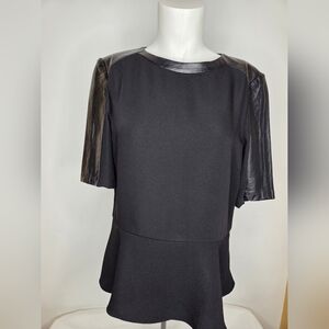 Ted Baker Size 8/3 Black Blouse with Leather Trim Details